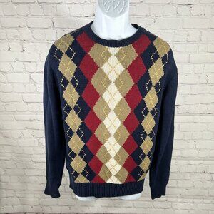 VTG Thane 100% Cotton Pullover Crew Neck Blue Red Brown White Argyle Sweater L